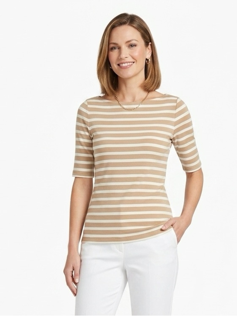 Ellen Tracy Tan and White Striped Boatneck Short Sleeve Top